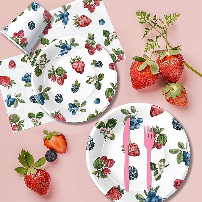 Berry Party Decorations Tableware - Blueberry Strawberry Birthday Party Supplies, Paper Plate, Cup, Napkin, Fork, Berry Sweet Birthday Baby Shower Table Decorations Dinnerware | Serve 24