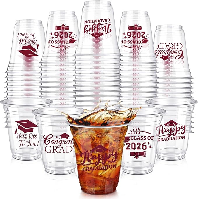 Eaasty 200 Pcs 12oz Graduation Cups 2026 Disposable Plastic Cups for Class of 2026 Graduation Party Congrats Grad Elegant Party Supplies Tableware Decorations (Wine Red)