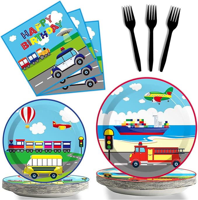 gisgfim 96 Pcs Transportation Plates and Napkins Party Supplies Car Tableware Set Bus Train Plane Ship Traffic Light Decorations Favors for Girls Boys Birthday Baby Shower Serves 24