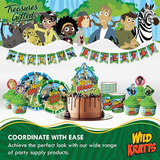 Treasures Gifted Officially Licensed Wild Kratts Birthday Party Supplies - Serves 16 Guests - Dinnerware Deluxe Set Wild Kratts Party Supplies - Wild Kratts Cups, Plates, Tablecloth & Napkins