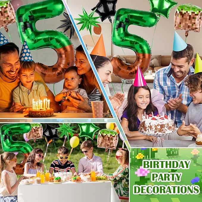 40 Inch Green Pixel Miner Number 5 Balloon Set, 7Pcs MIning large Foil Balloon Video Game Themed Party Party Decorations for Kids' Anniversary Balloon Party Supplies Supplies