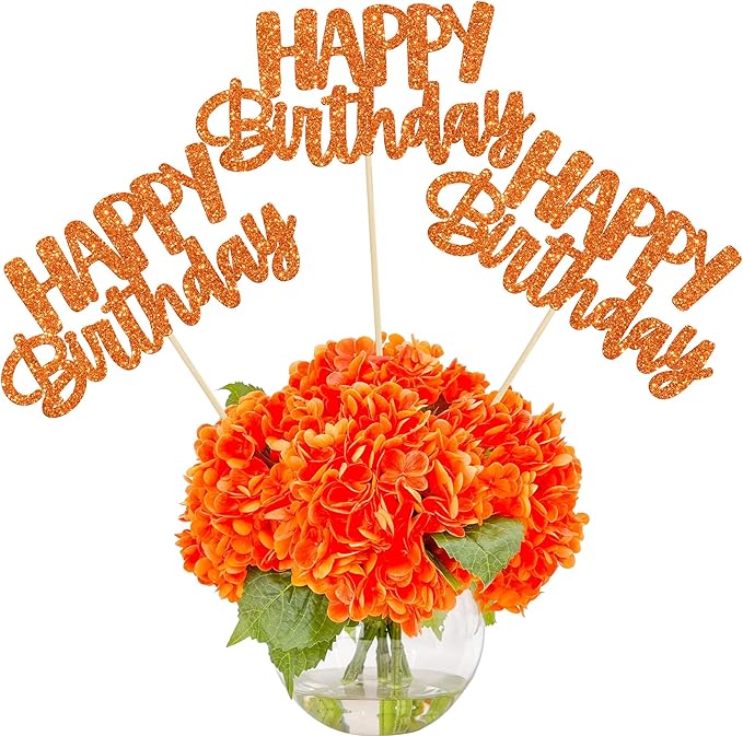 Gyufise 12Pcs Happy Birthday Centerpieces Sticks Double Sided Glitter Birthday Party Decorations Anniversary Table Flower Centerpiece for Celebrating Party Supplies Orange