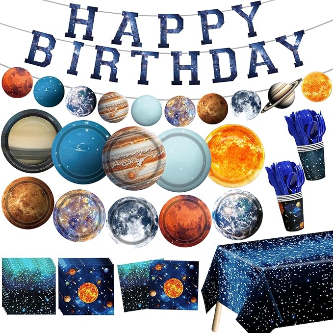 Space Theme Party Decorations 142Pcs Galaxy Planet Outer Space Disposable Plates and Napkins Cups Tablecloth Banner Knives Forks Spoons for Kids Space Solar System Planets Birthday Party Supplies
