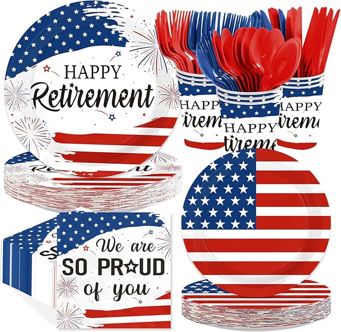 168Pcs We Are So Proud of You Party Supplies Military Happy Retirement Plates Napkins Cups Forks Knives Spoons Red White Blue Paper Tableware for Retirement Veterans Day Supplies Serves 24