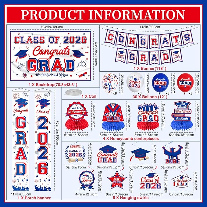 Graduation Decorations Class of 2026 White Blue and Red Graduation Party Decor Set include Congrats Grad Banner Backdrop Class of 2026 Balloons Party Supplies