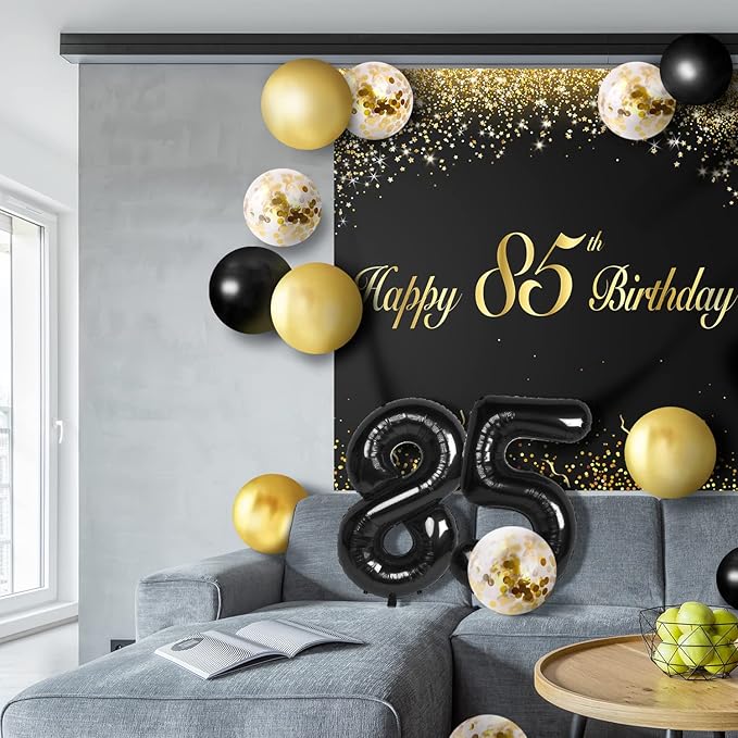Happy 85th Birthday Balloons Black Set Decor - Cheers to 85 Years Old Party Theme Garland Banner Backdrop Decorations For Women and Men Supplies