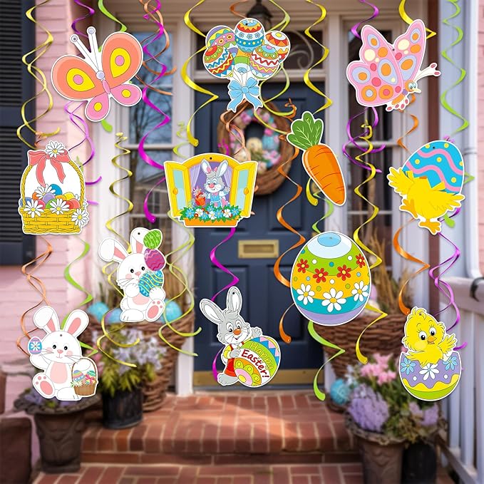 Hanging Easter Decorations Swirls 30pcs, Easter Egg Bunny Ceiling Hanging Party Streamers, Foil Easter Party Decor Supplies for Home Office School, Dangling Spinners Easter Party Ceiling Decor
