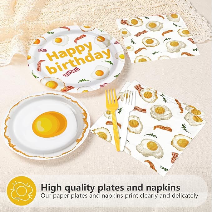 96Pcs Breakfast Birthday Decorations Bacon Fried Egg Plates and Napkins Xmas Brunch Theme Birthday Decoration Favors for Kids Adults Bday Baby Shower BBQ Picnic Holiday Party Supplies Serves 24