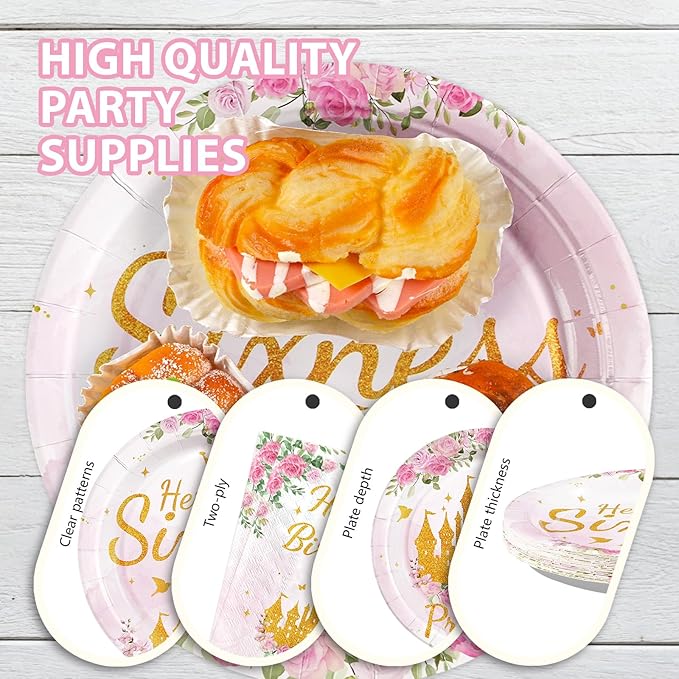96Pcs Princess Birthday Party Supplies Princess 6th Birthday Party Plates and Napkins Disposable Pink Gold Pastel Castle Tableware Set for Girl Six Years Old Fairytale Decorations Serves 24