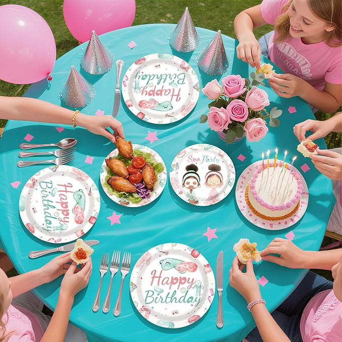 96Pcs Spa Birthday Party Supplies Slumber Sleepover Pajama Plates and Napkins Tableware Sets Pink Makeup Happy Birthday Dessert Plates Decorations Favors for Girls Baby Shower Holiday Party Serves 24