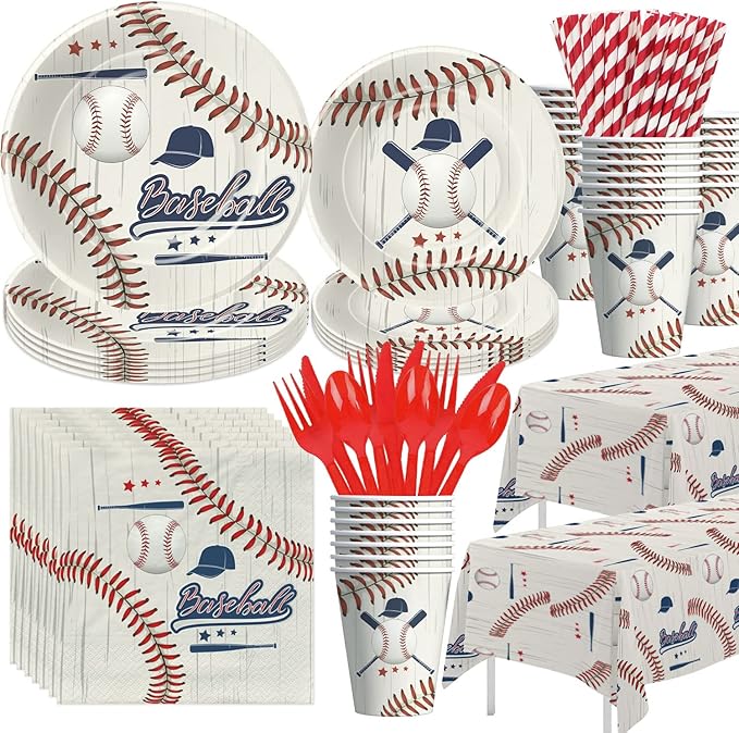 Baseball Party Decorations Tableware, Baseball Birthday Baby Shower Party Supplies Dinnerware Include Paper Plate, Cup, Napkin, Tablecloth, Cutlery, Straw, Serves 24