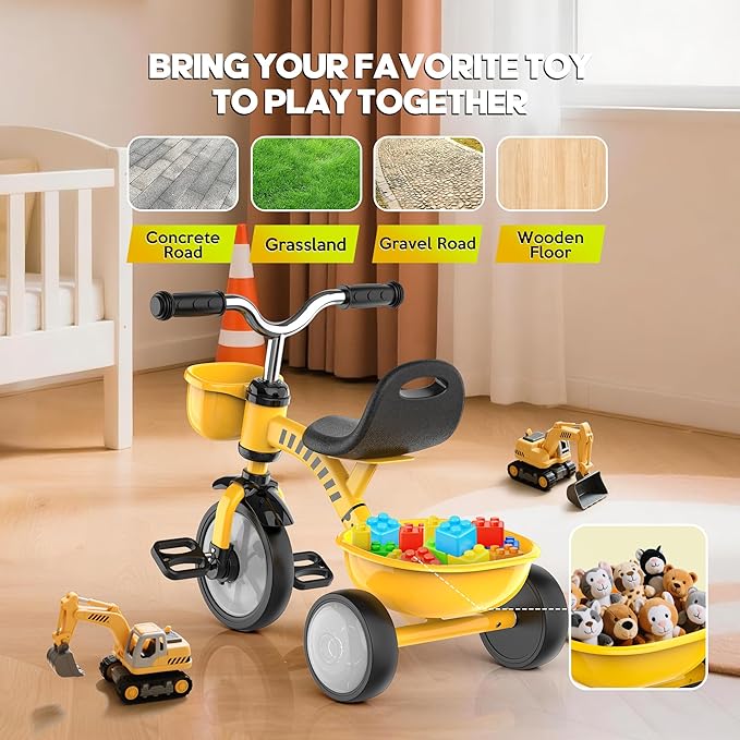 Tricycle for Toddlers 1-3 3-5 Year Olds, Construction Vehicle Toys Road Set Toddler Baby Balance Bike with Colorful Lighting Wheels & Large Basket, Birthday Gift and Toy for 1 2 3 4 5 Year Olds Boys