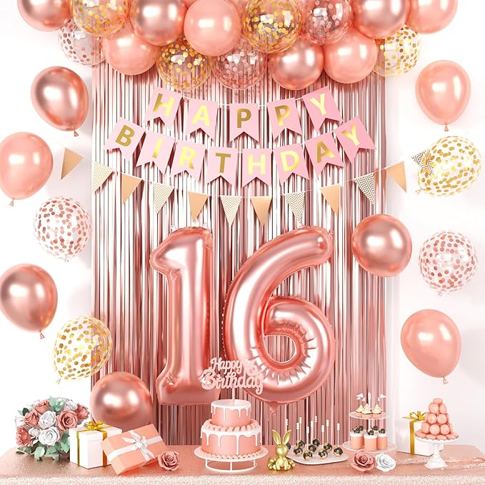 Rose Gold 16 Birthday Decorations, 16th Happy Birthday Party Decorations Set For Girl Woman Princess With Number 16 Balloons Gold Confetti Latex Balloons Flag Banner Fringe Curtain Cake Topper