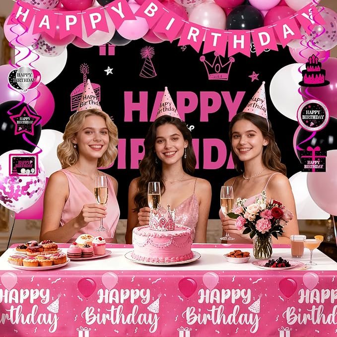 Pink and Black Birthday Decorations for Women Girls, 48Pcs Pink Party Decorations with Happy Birthday Banner Backdrop Tablecloth, Hot Pink Birthday Party Supplies with Balloons Pendants