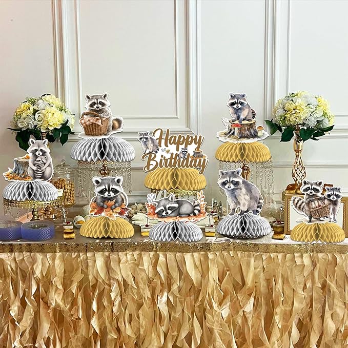 Sursurprise 8pcs Raccoon Themed Honeycomb Centerpieces, Raccoon Happy Birthday Table Topper Decorations, Raccoon Baby Shower Birthday Party Supplies