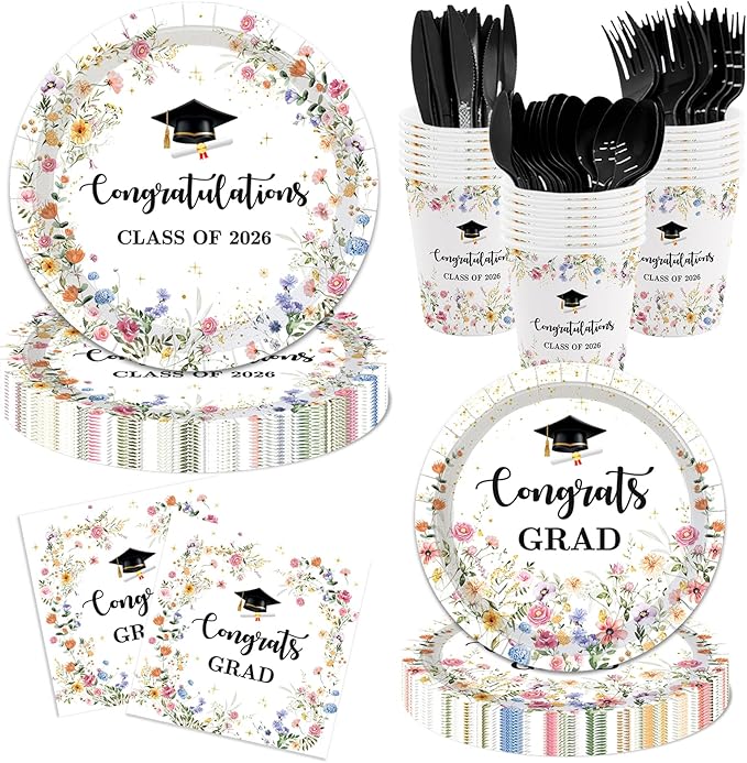 168 Pcs Class of 2026 Plates Cups Napkins Tablecloth Set Wildflower Graduation Party Supplies Floral Class of 2026 Graduation Decorations Serve 24 Guests