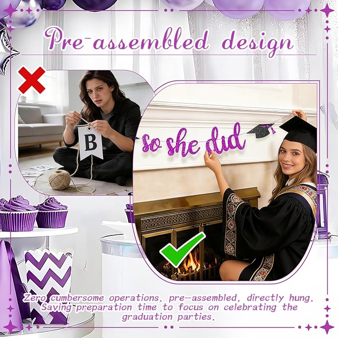 She Believed She Could So She Did Banner - Pre-Strung Glitter Graduation Decorations 2026 for Women Girls, Inspirational Grad Party Supplies, Class of 2026 College High School Masters PhD Decor (Purple)