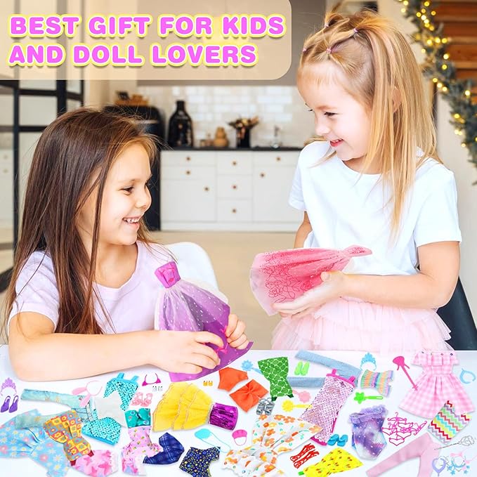 BJDBUS 50 Pcs Doll Clothes and Accessories, 2 Wedding Gowns 4 Fashion Dresses 2 Tops 2 Pants Outfits 2 Swimsuits Bikini 10 Shoes 10 Hangers 17 Accessories Stuffers for 11.5 inch Girl Doll