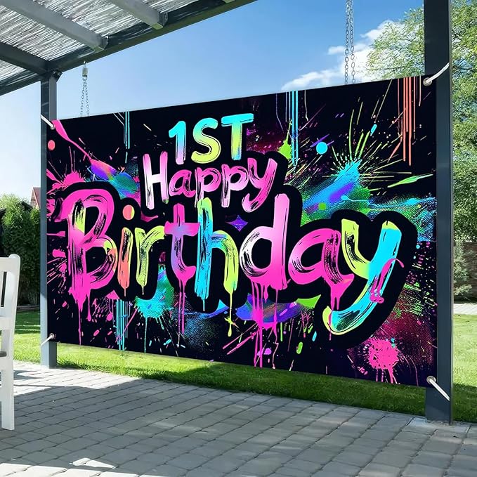 Neon 1st Happy Birthday Banner 71x43 Inch Paint Splatter Backdrop Colorful Wall Decorations for Kids Boys Girls First Birthday Photo Booth Background Supplies and Event Decor