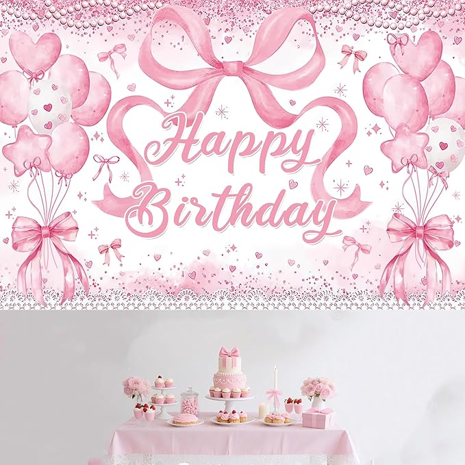 Cute Pink Bownot Birthday Party Backdrop Pink Bow Balloon Happy Birthday Banner Photography Background for Girls Teens Party Supplies 70.8 x 47.2 Inch