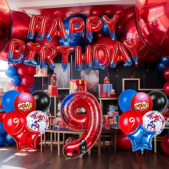 Cartoon Hero 40 Inch Red and Blue Spider Theme Number Foil Birthday Decoration Balloon, Spider Theme Happy Birthday Banner Party Decoration Balloon, Letter Logo Superhero Party Supplies (9)