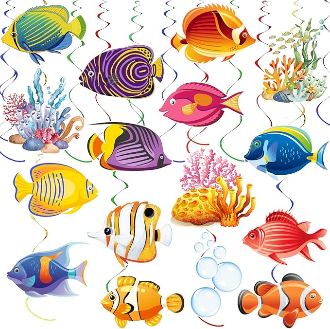 36pcs Tropical Fish Hanging Swirls Under The Sea Party Decor Ocean Themed Party Swirls Streamers Supplies for Boys Girls Kids Mermaid Creatures Baby Shower Decorations