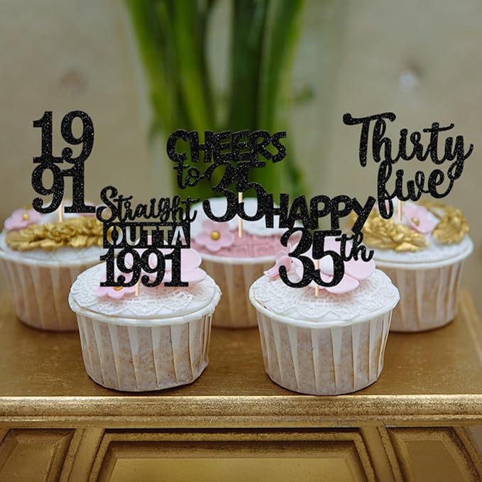 30PCS Black 35th Birthday Cupcake Toppers Glitter Thirty Five Happy 35 Straight Outta 1991 Cupcake Picks for Cheers to 35 Years 35th Birthday Anniversary Party Cake Decorations Supplies