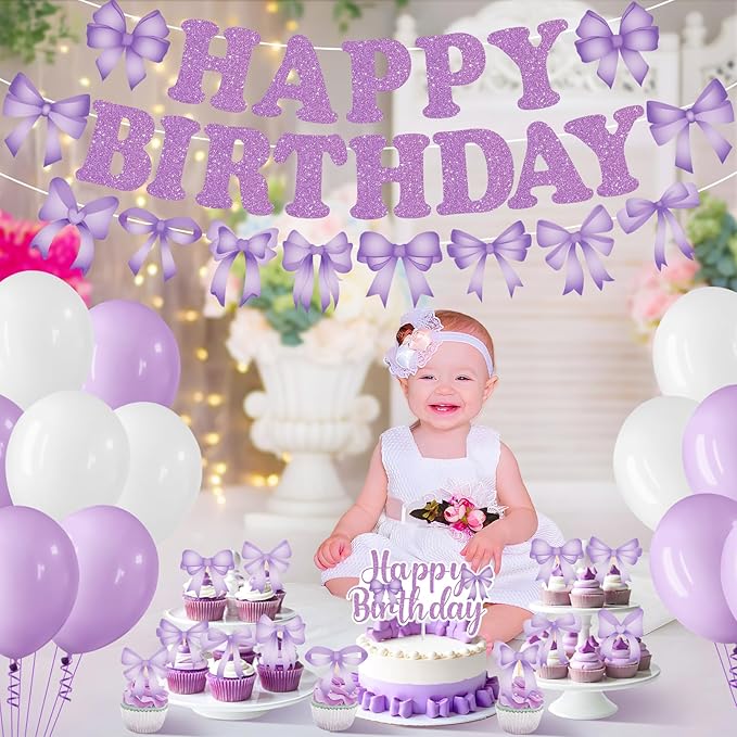 Purple Bow Birthday Party Decorations Bow Happy Birthday Banner Purple White Balloons Cake and Cupcake Toppers for Girls Women Coquette Bday Baby Shower Party Supplies