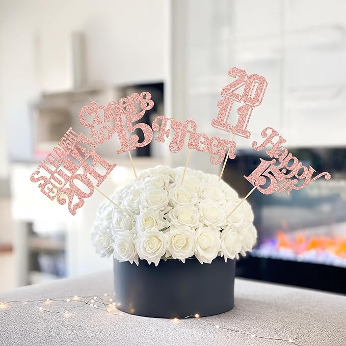 Gyufise 15Pcs Happy 15th Birthday Centerpiece Sticks Fifteen Straight Outta 2011 Table Flower Centerpieces Sticks for Cheers to 15th Birthday Party Supplies Rose Gold
