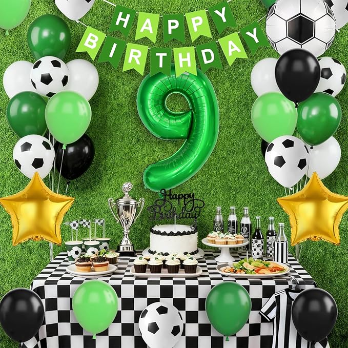 Soccer Birthday Party Decorations for Boys, 9th Soccer Birthday Decoration with Green Black White Balloons 'HAPPY BIRTHDAY' Banner Cake Toppers 32in Foil 9 Balloon for Kids Boys Sport Party Decor