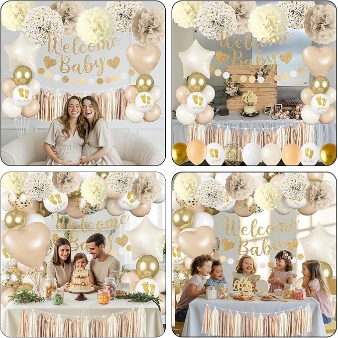 Neutral Gold Baby Shower Decorations for Boys Girls, Boho Welcome Baby Banner Gold Cream Beige Sand White Confetti Latex Balloons Oh-Baby Cake Topper Pom Poms for Baby-Shower Birthday Party Decoration