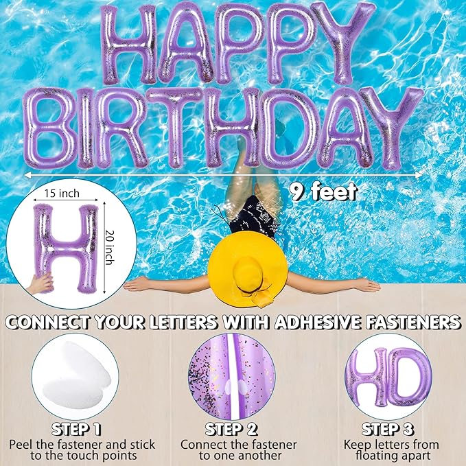 Shappy 20'' Happy Birthday Pool Large Floating Letter Balloons with Adhesive Dots Inflatable Pool Decorations for Summer Birthday Party