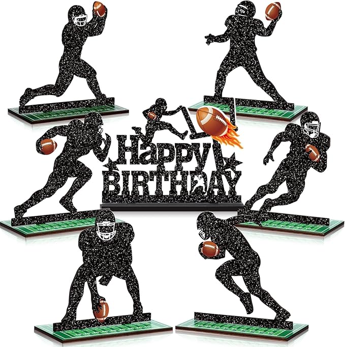 Geetery 7 Pcs Football Party Table Decoration Wooden Football Table Centerpiece Sport Player Silhouette Birthday Sign Centerpieces for Sport Birthday Party Supplies
