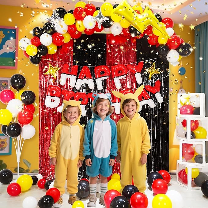 YIIHMEI Cartoon Monster Red Black Yellow White Birthday Party Decorations, Balloons Garland Arch Kit Supplies, Curtains Backdrop with Anime Theme Style Banner Letters Signs for Boy's