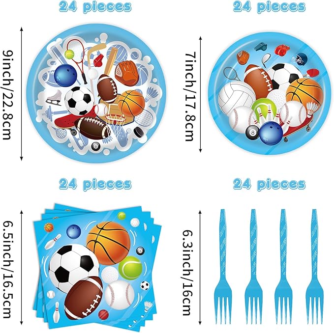 96 Pcs Sports Themed Birthday Party Supplies - Sports Party Decorations, Plates, Napkins