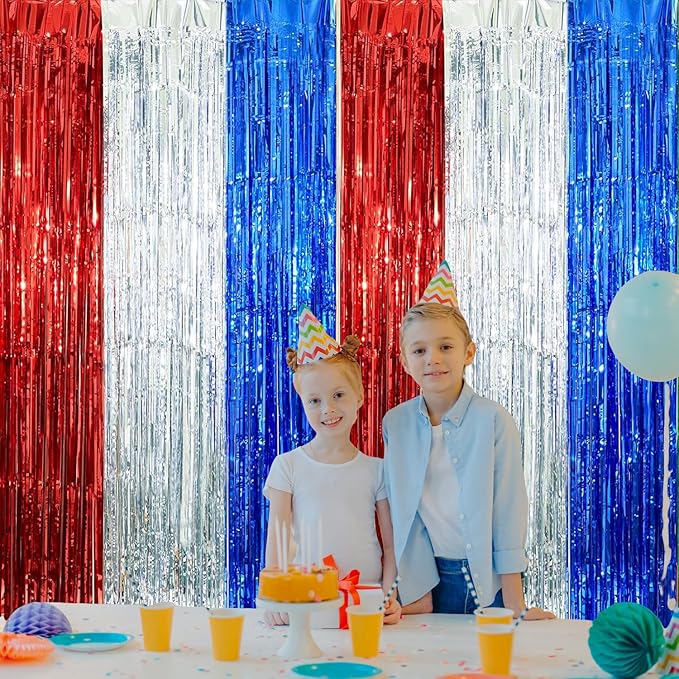 2 Pack Construction Foil Fringe Curtains, 3.3x6.6 Ft Blue Red and Silver Tinsel Backdrop Party Decorations Door Streamers for 4th of July Decorations, Patriotic Party, Independence Day Decor