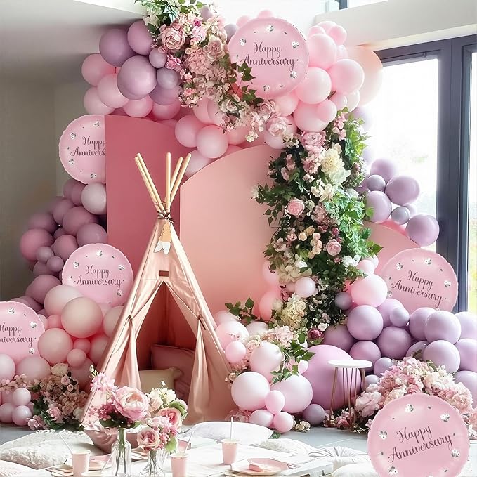 6 Pcs Happy Anniversary Balloons 18 Inch Round Foil Helium Balloon Birthday Engagement Wedding Celebration Anniversary Party Decorations Supplies Pink