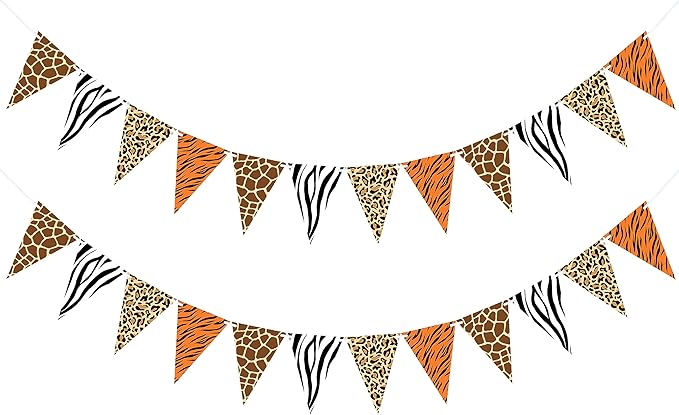 2 Pieces Animal Print Pennant Banner Jungle Theme Party Supplies Safari Birthday Party Decorations, Jungle Safari Birthday Banner for Animal Zoo Party Decor