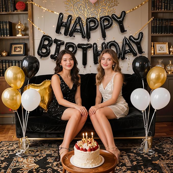 Black Happy Birthday Banner Balloon Aluminum Foil 16in Letter, 12in Latex Balloons, 11.8in Long Balloons, 16in Love Heart Aluminum Foil Balloon, Men, Women, Party Decoration Supplies (Black)