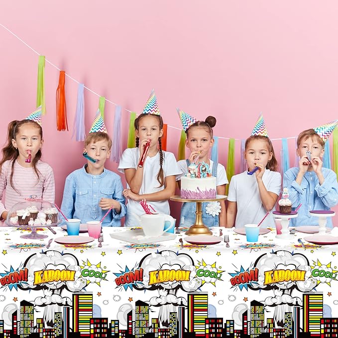 3 Pieces Super Theme Hero Tablecloths Hero Themed Birthday Party Supplies Heroes Action Sign Plastic Table Cover Fun Super Tablecover for Happy Birthday Baby Shower Party Decorations