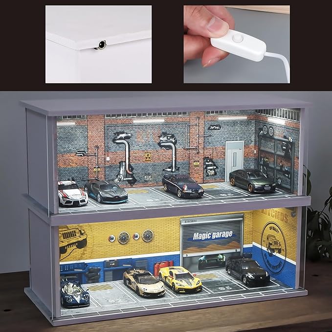 1:64 Scale Car Model Display Case for Hot Wheels,Matchbox Cars,Parking lot with Lights(Repair Store Scene Contains 6 Parking Spaces)