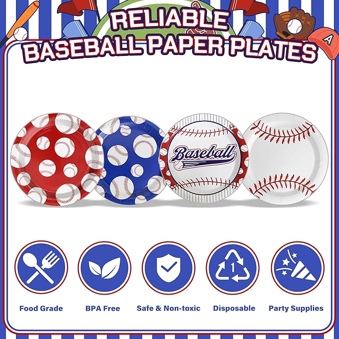 48PCS Baseball Plates, 7" Party Plates Disposable Paper Plates Baseball Themed Decorations for Baseball Birthday Gameday Celebrations Supplies