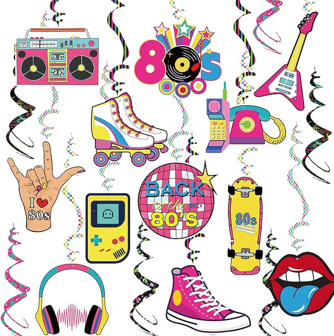 80s Party Birthday Decorations Back to The 80 Hanging Swirls Ceiling Streamers Throwback Retro 80's Theme 1980s Backdrop Party Decor Supplies 30 Pcs