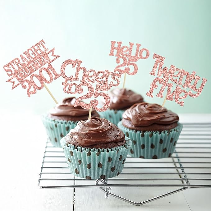 Ephlyn 24Pcs 25th Birthday Cupcake Toppers Glitter Straight Outta 2001 Cupcake Picks Hello 25 Cheers to 25 Years Cake Decorations for 25th Birthday Anniversary Party Decorations Supplies Rose Gold