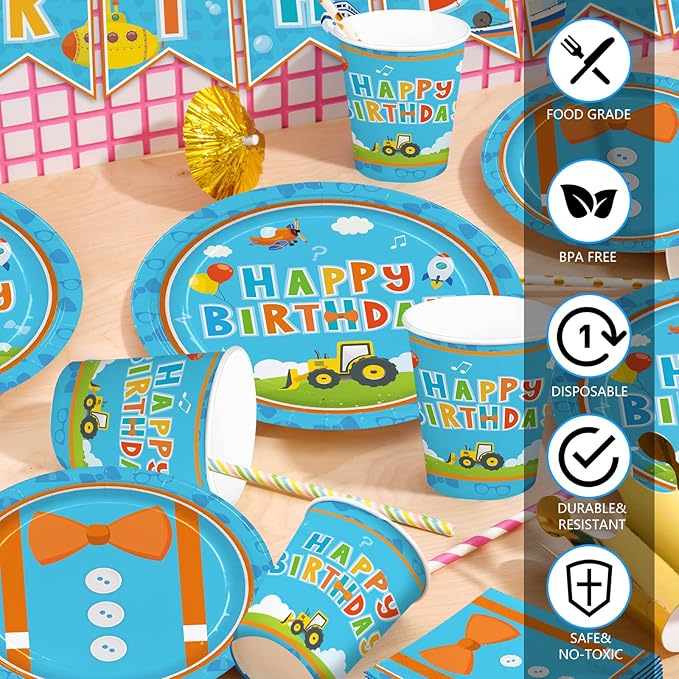 168pcs Blue Birthday Party Supplies Orange Plates Napkins Paper Cups Blue Forks Boys Cartoon Birthday Party Decorations Disposable Tableware Set Serve 24