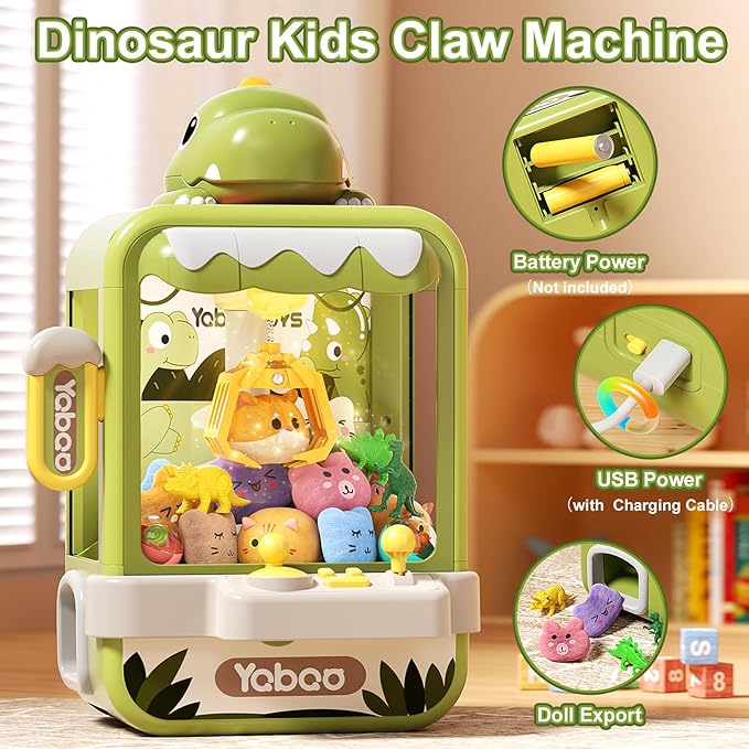 Dinosaur Claw Machine for Kids,Electronic Arcade Game Machine with Music,Mini Vending Machine Boys Birthday Toys Gifts Age 3+ Years,Includes 10 Plush Toys & 12 Dinosaur Accessories