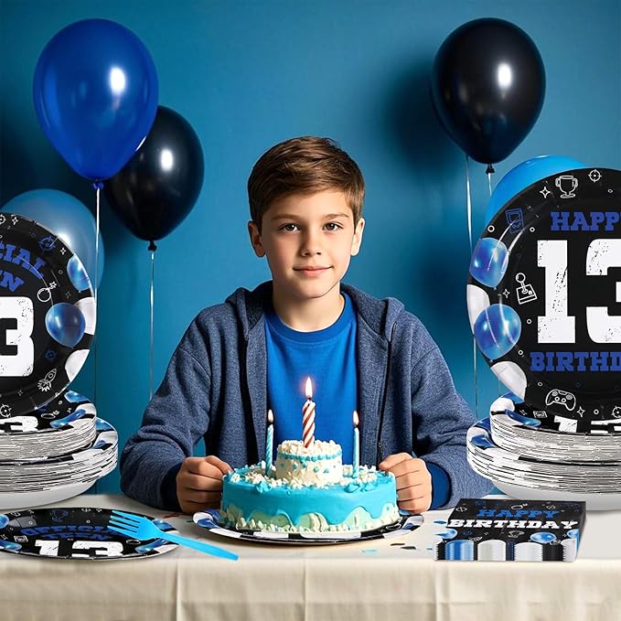 Grencian 96Pcs 13th Birthday Decorations for Boys Blue Black 13th Birthday Party Plates Disposable Official Teen 13 Tableware for Teen Boys Girls Happy 13 Year Old Party, Serves 24