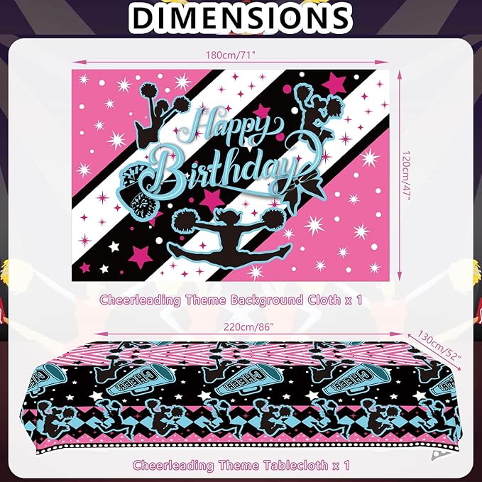 Cheerleading Party decoration, Cheerleading birthday Party Supplies Packs, Gymnastics PartyCheer Party Supplies include Background, Plates, Balloons, Cheerleading Party Set Serves 20 (Background)