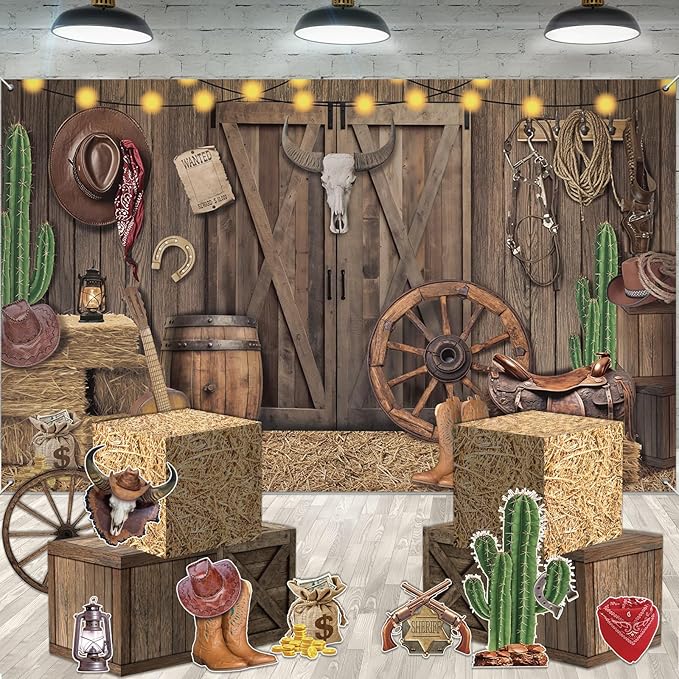 15 Pcs Western Cowboy Party Decorations Rustic Wooden House Barn Backdrop Wild West Hay Bales Boxes Trunk or Treat Car Decor for Halloween Farm Fall Harvest Thanksgiving Rodeo Birthday Party Supplies