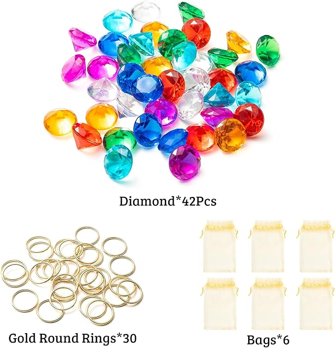PANTIDE 78Pcs Acrylic Diamond Gems Jewels Alloy Gold Round Ring Set the Blue Hedgehog Chaos Emeralds Power Rings Party Favor Supplies Cake Decoration Pirate Treasure Chest Hunt with Bag